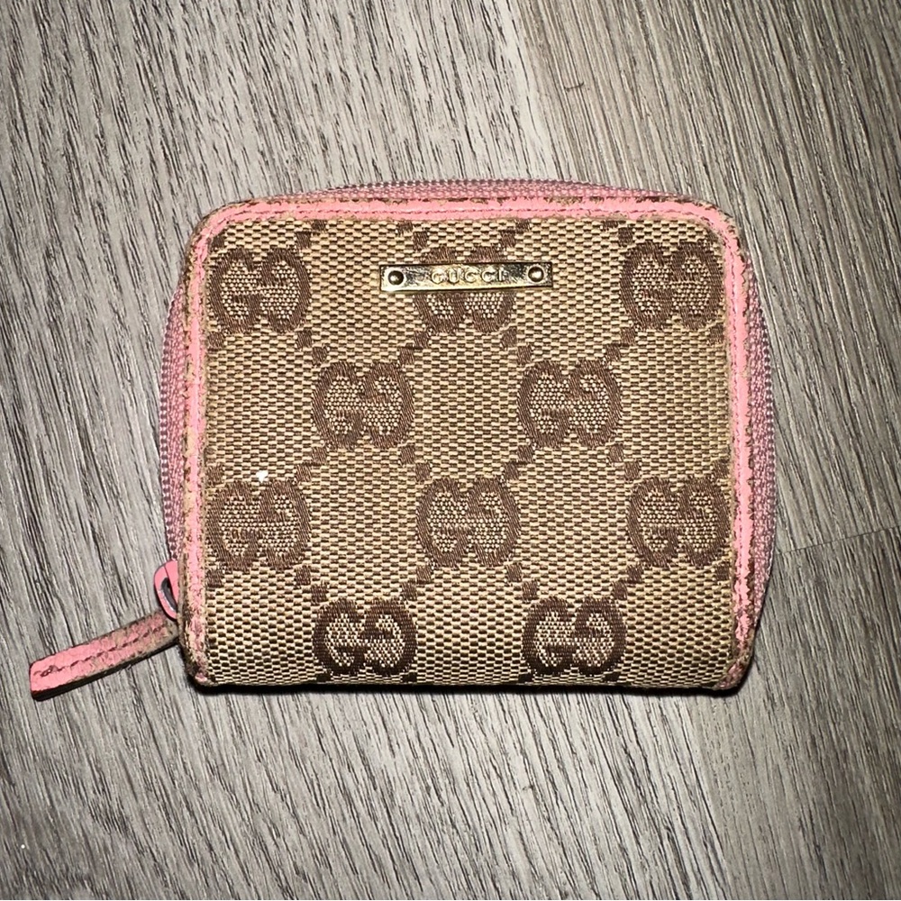Gucci GG Monogram Canvas Pink Leather Coin Purse Zip Around Wallet